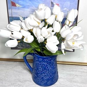 Vintage Teleflora Pitcher Vase | Embossed Floral | Cobalt Blue | 6”x5”x5”